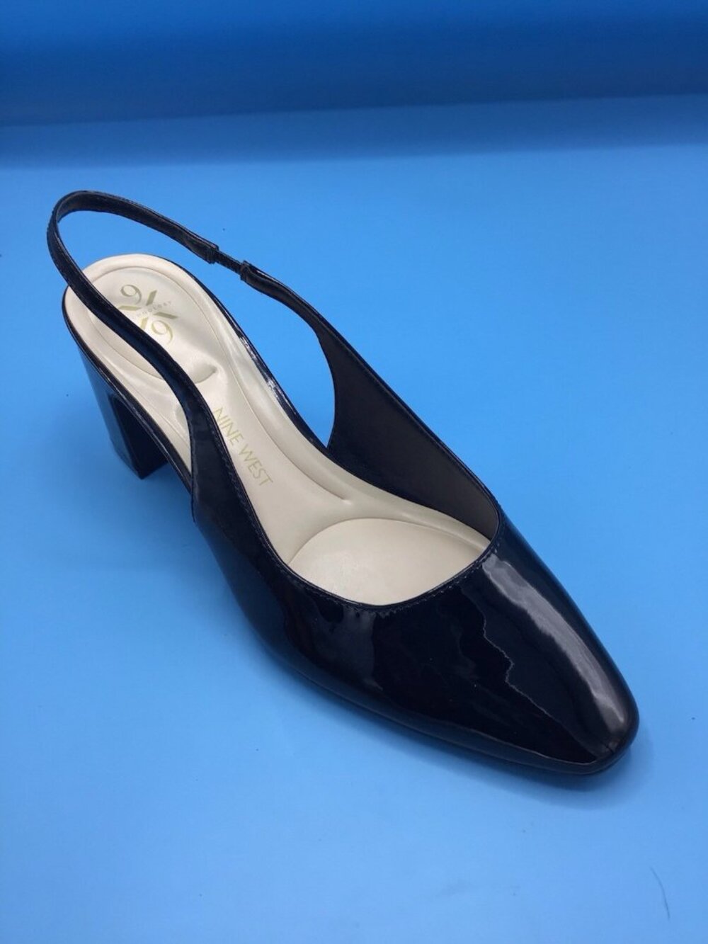NINE WEST Black Patent Leather Sling Backs Block Heel New Inbox Size 81/2 M